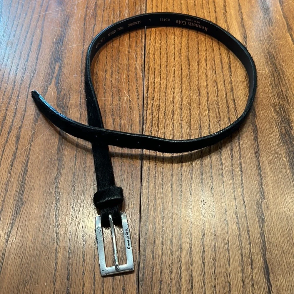 Kenneth Cole Vintage  Black Leather And Calf Hair Skinny Belt W/ Silver Buckle L